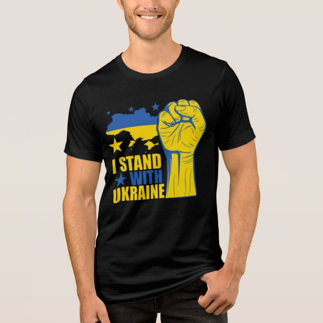 I stand with Ukraine. Support Ukraine. Tri-Blend Shirt (Front)