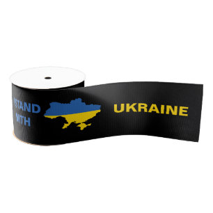 I Stand with Ukraine Ukrainian Flag and Map Grosgrain Ribbon