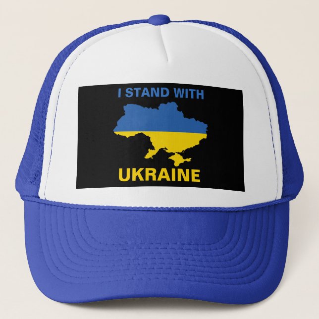 I Stand with Ukraine Ukrainian Flag and Map Trucker Hat (Front)