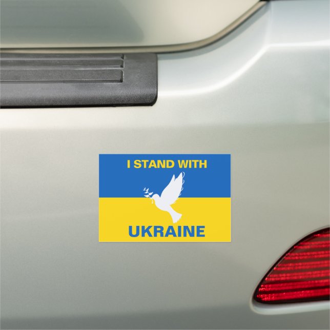 I Stand with Ukraine Ukrainian Flag Dove Peace Car Magnet (In Situ)