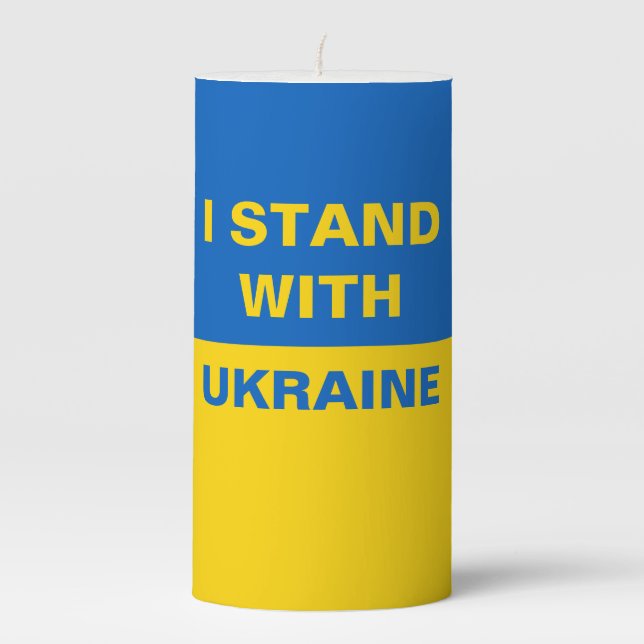 I Stand with Ukraine Ukrainian Flag Pillar Candle (Front)