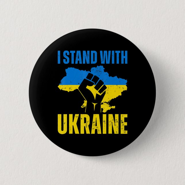 I Stand With Ukraine Ukrainian Flag Rise Fist Peac Button (Front)