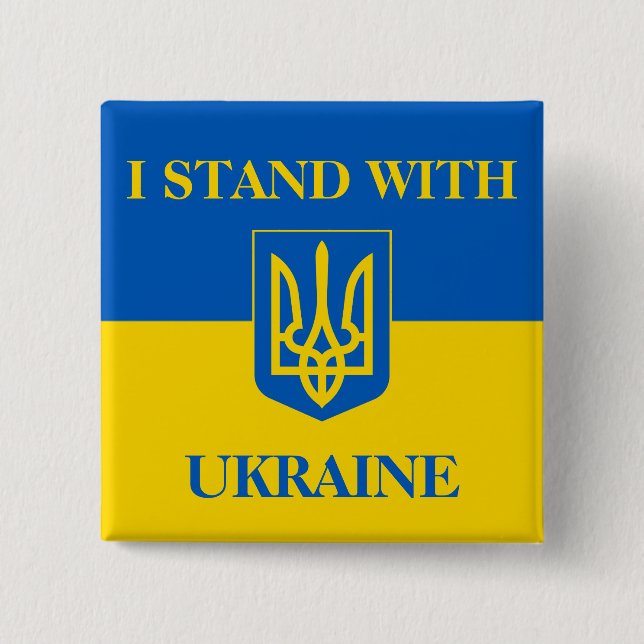 I Stand With Ukraine. Ukrainian Flag & Trident. Button (Front)