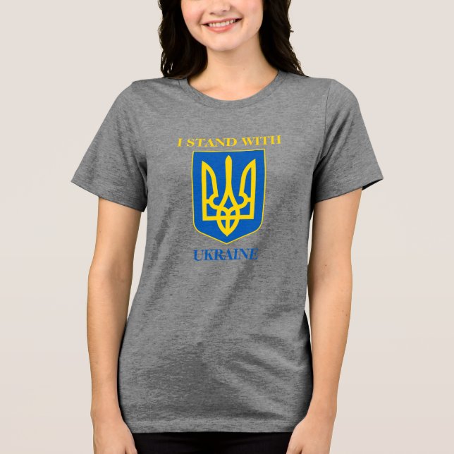 I Stand With Ukraine. Ukrainian Flag & Trident Tri-Blend Shirt (Front)