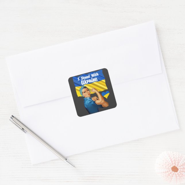 I Stand with Ukraine Vintage Rosie and Flag Square Sticker (Envelope)