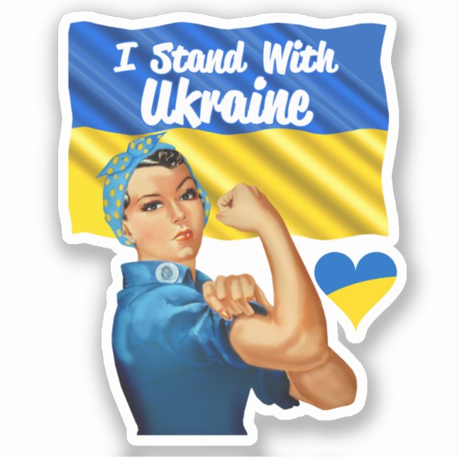 I Stand with Ukraine Vintage Rosie and Flag Vinyl Sticker (Front)