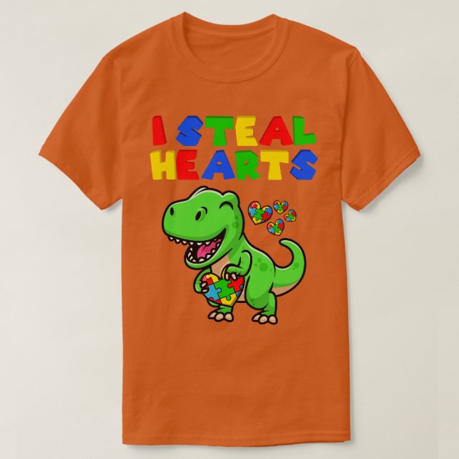 I Steal Hearts Autism Awareness Puzzle T Rex Dinos T-Shirt (Design Front)