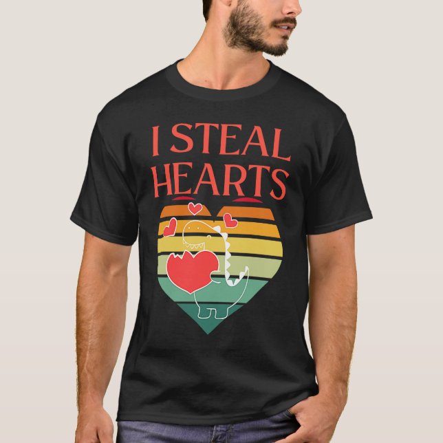 I Steal Hearts Cute Dino Valentines Day T-Shirt (Front)