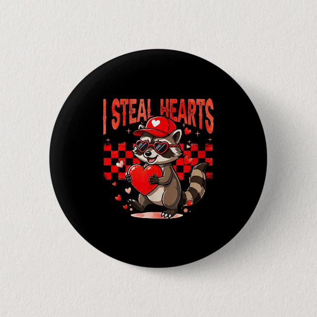 I Steal Hearts Design Raccoon Valentine Day Retro  Button (Front)