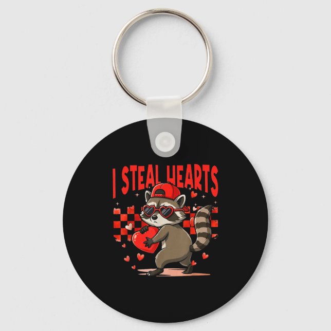 I Steal Hearts Design Raccoon Valentine Day Retro  Keychain (Front)