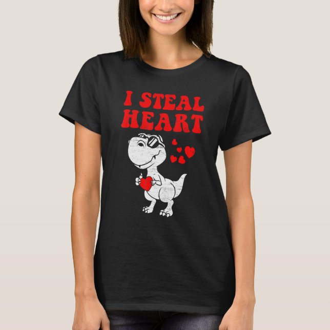 I Steal Hearts Dinosaur Dino Rex Valentines Day Bo T-Shirt (Front)