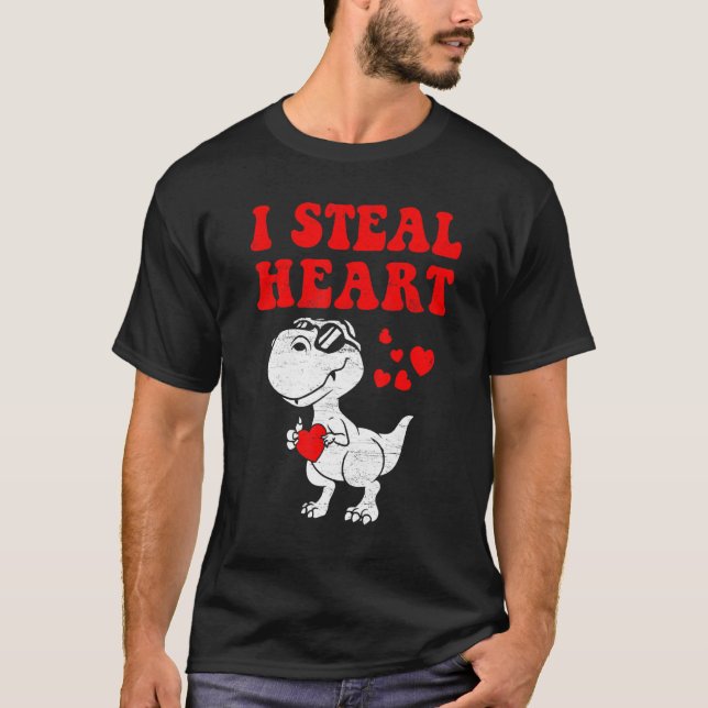 I Steal Hearts Dinosaur Dino Rex Valentines Day Bo T-Shirt (Front)