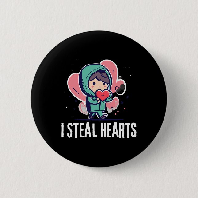 I Steal Hearts Funny Valentines Day Child Stealing Button (Front)