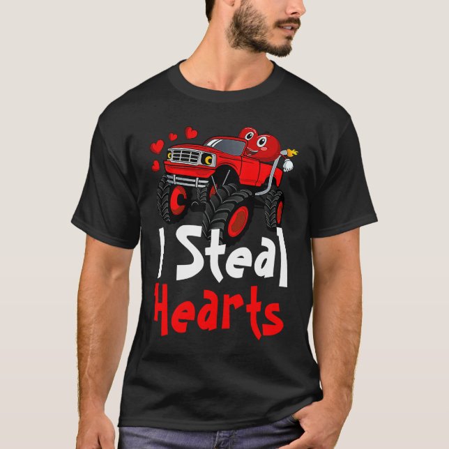 I Steal Hearts Monster Truck Heart Face Valentines T-Shirt (Front)