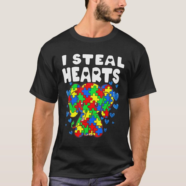 I Steal Hearts Puzzle Autism Awareness Cute Elepha T-Shirt (Front)
