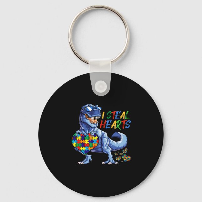 I Steal Hearts Puzzle Autism Awareness Dinosaurs Keychain (Front)