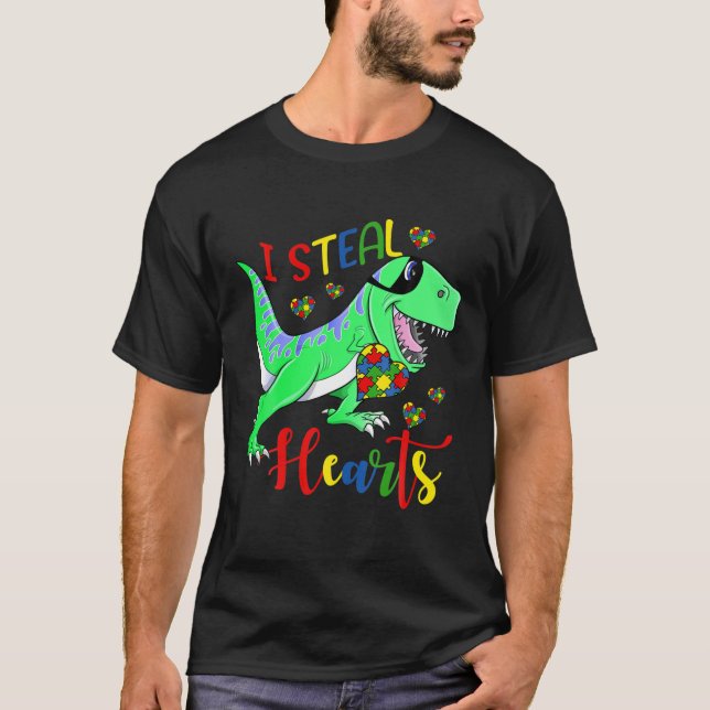 I Steal Hearts Puzzle Autism Awareness T Rex Dinos T-Shirt (Front)