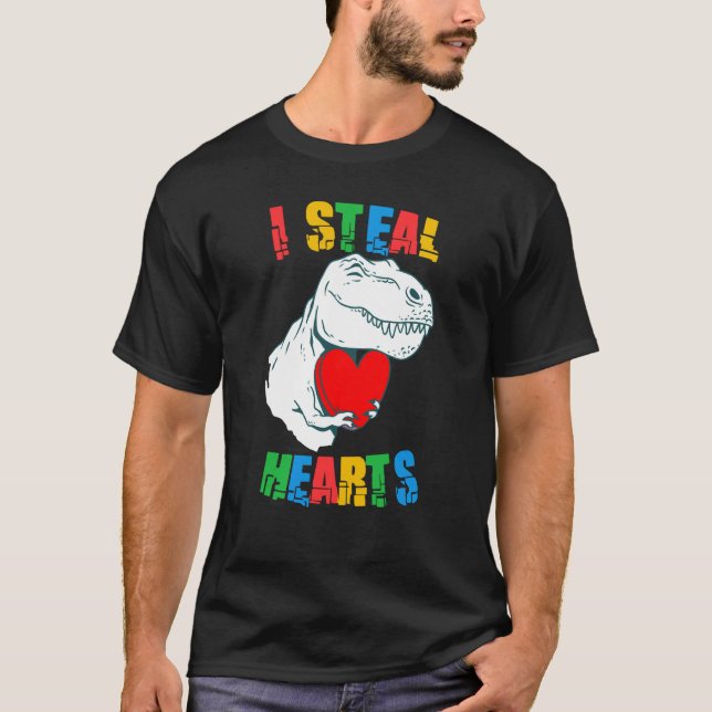 I Steal Hearts Rex Autism Awareness Valentines Day T-Shirt (Front)