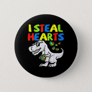 I Steal Hearts Trex Dinosaur Kids Boys Autism Awar Button