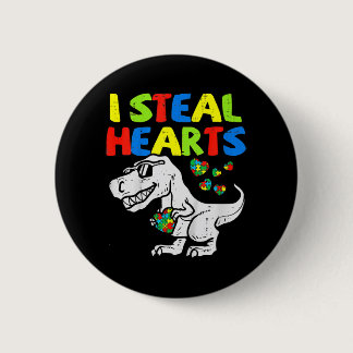 I Steal Hearts Trex Dinosaur Kids Boys Autism Awar Button