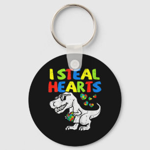 I Steal Hearts Trex Dinosaur Kids Boys Autism Awar Keychain