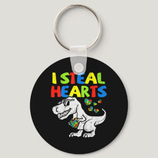 I Steal Hearts Trex Dinosaur Kids Boys Autism Awar Keychain