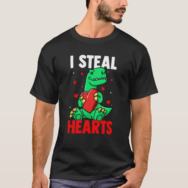 I Steal Hearts Valentine's Day Dino Roses Date Nig T-Shirt (Front)