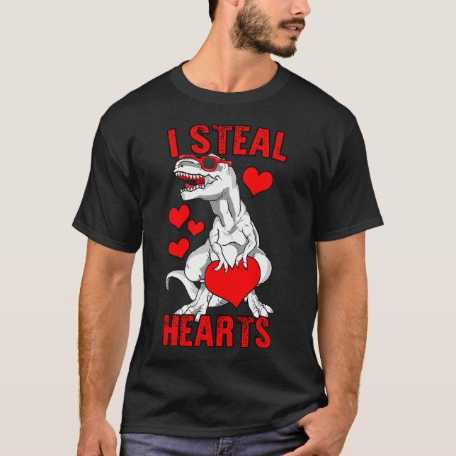 I Steal Hearts Valentines Day Funny Dinosaur Boys  T-Shirt (Front)