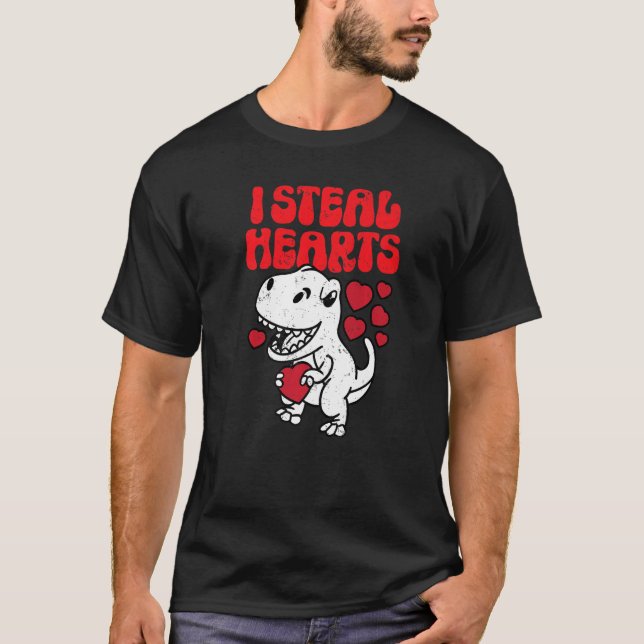 I Steal Hearts Valentines Day Trex Dinosaur For Fa T-Shirt (Front)
