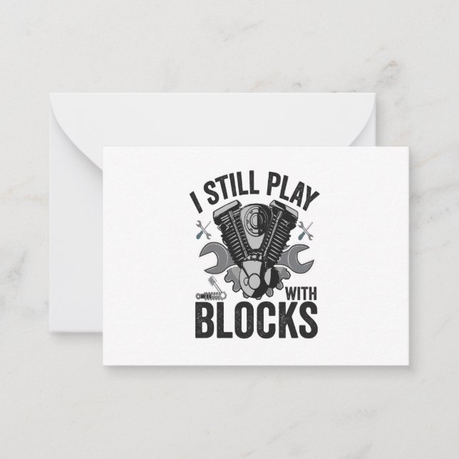 I Still Play With Blocks Funny Cat Mechanic Engine Note Card (Front)