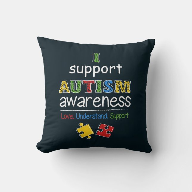 I Support Autism Awareness Red Yellow Puzzles Throw Pillow (Front)