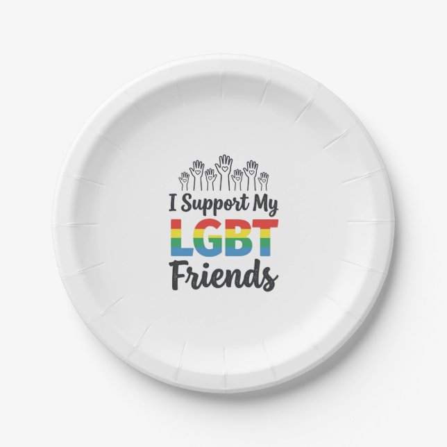 I Support My LGBT Friends Rainbow Pride Vector Des Paper Plates (Front)