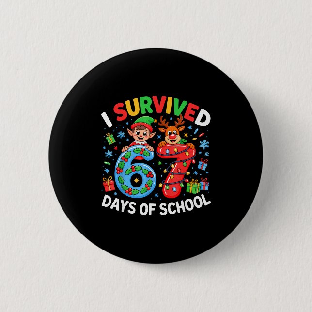 I Survived 67 Days Of School Christmas Candy Cane  Button (Front)