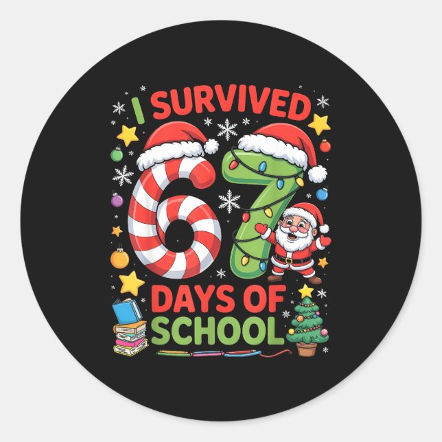 I Survived 67 Days Of School Christmas Candy Cane  Classic Round Sticker (Front)