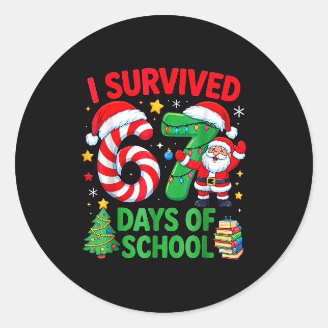 I Survived 67 Days Of School Christmas Candy Cane  Classic Round Sticker (Front)