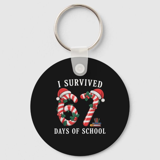 I Survived 67 Days Of School Christmas Candy Cane  Keychain (Front)