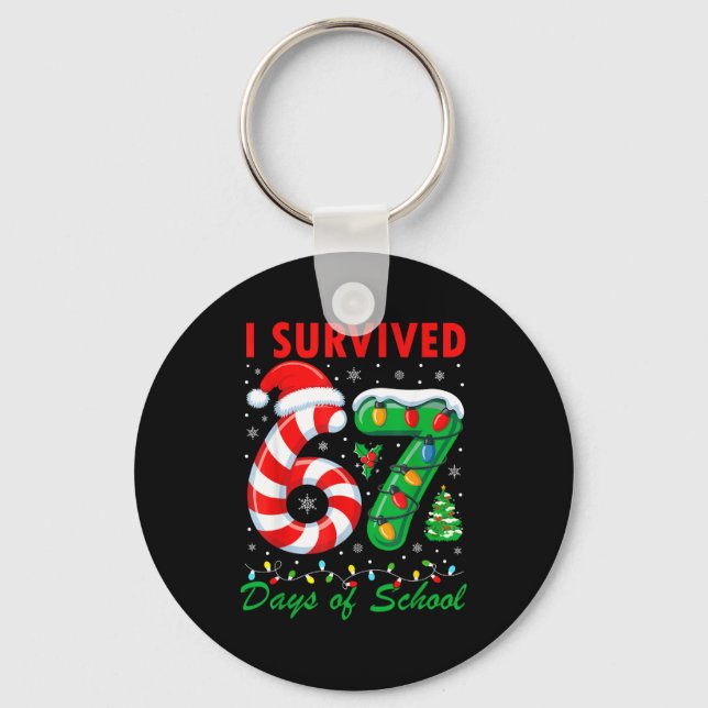 I Survived 67 Days Of School Christmas Candy Cane  Keychain (Front)