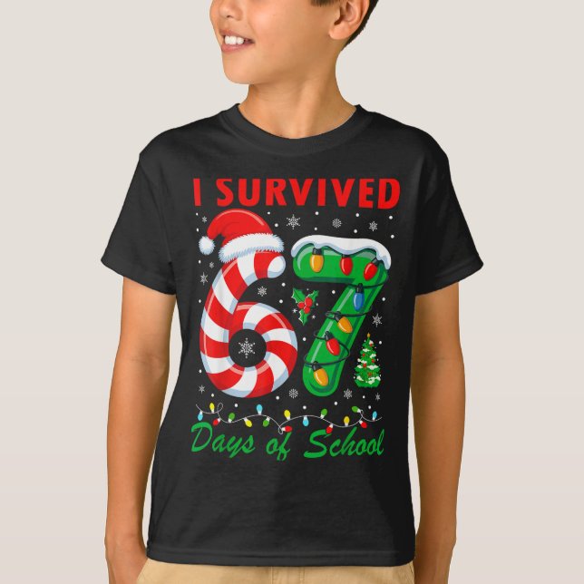 I Survived 67 Days Of School Christmas Candy Cane  T-Shirt (Front)