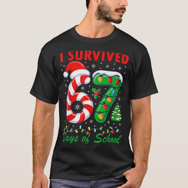 I Survived 67 Days Of School Christmas Candy Cane  T-Shirt (Front)
