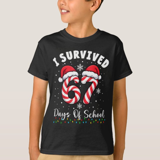 I Survived 67 Days Of School Christmas Candy Cane  T-Shirt (Front)