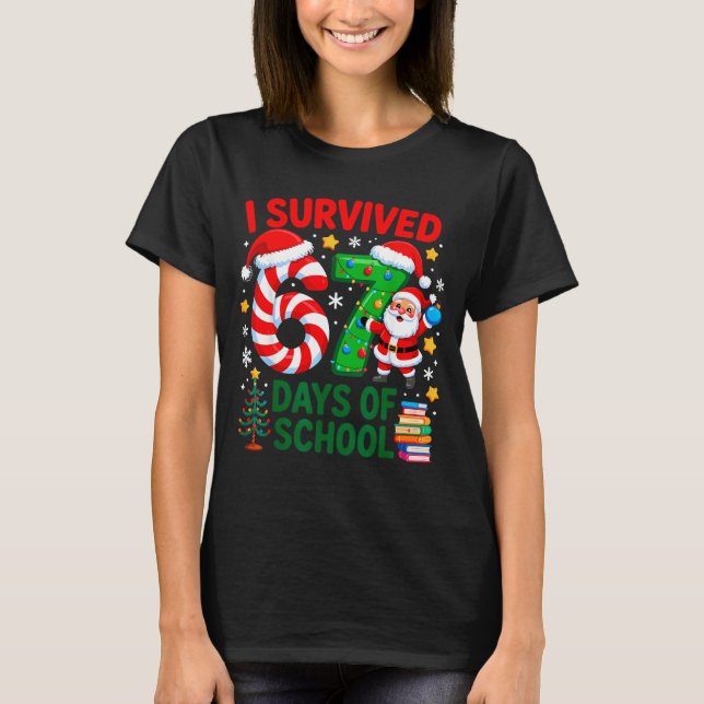 I Survived 67 Days Of School Christmas Candy Cane  T-Shirt (Front)