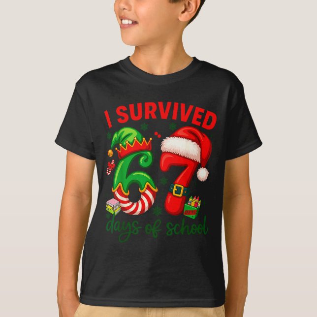 I Survived 67 Days Of School Christmas Candy Cane  T-Shirt (Front)