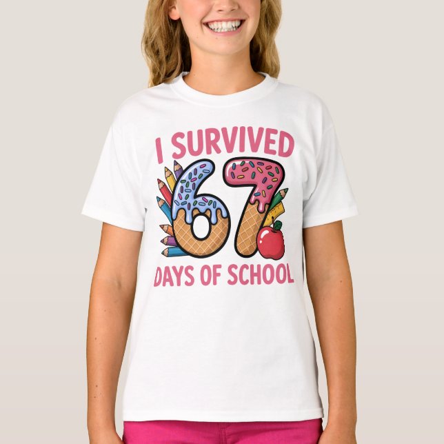 I Survived 67 Days of School Ice Cream Waffl T-Shirt (Front)