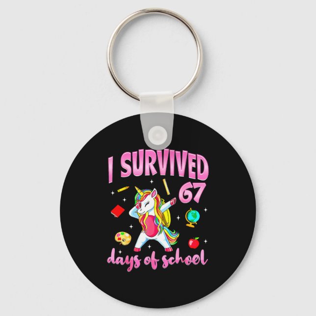 I Survived 67 Days Of School Unicorn Dabbing Teach Keychain (Front)