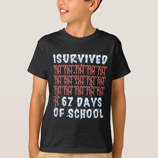 I Survived 67 Days Of School Xmas Candy Cane Tally T-Shirt (Front)
