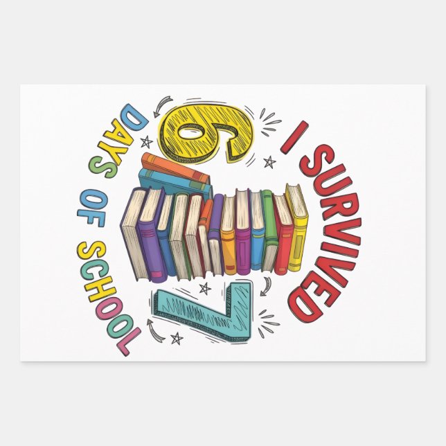 I Survived 6 7 Days of School 100th Days Of School Wrapping Paper Sheets (Front)