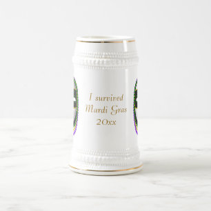 "I Survived Mardi Gras" Masks w/ Gold, Green Beads Beer Stein
