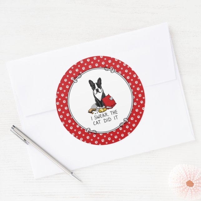 I Swear, the Cat Did It Boston Terrier Dog (black) Classic Round Sticker (Envelope)