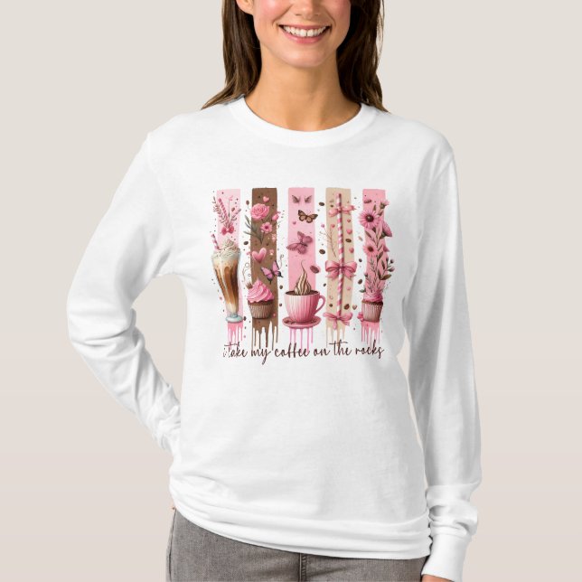 "I Take My Coffee On The Rocks" Pink Coffee Lover T-Shirt (Front)