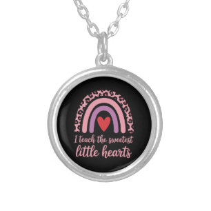 I Teach The Sweetest Hearts Rainbow Teacher Silver Plated Necklace